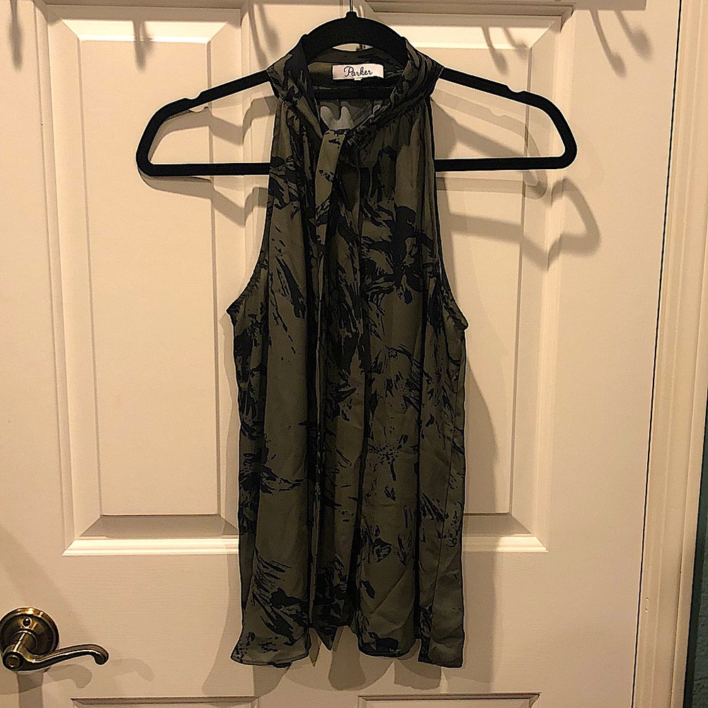 Sleeveless silk olive tie front blouse
